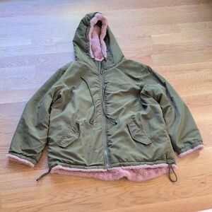 Sanctuary Olive Green Hooded Jacket with Pink Sherpa Lining XL